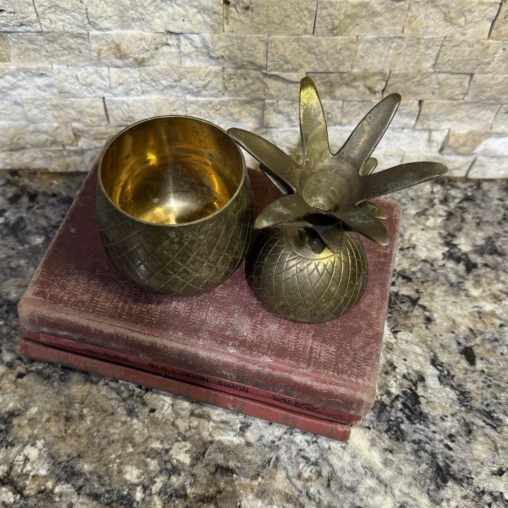 Vintage Brass Pineapple Jar Container Canister with Lid  7'' Tall Mid Century‎